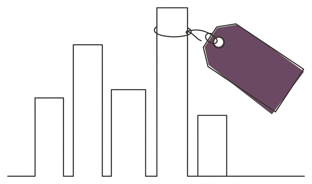 Line drawing: a bar chart with a plum luggage tag tied to its tallest bar
