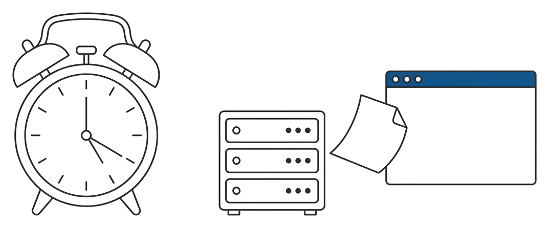 Line drawing: an alarm clock with its hands at 5:17, a small server rack, and a sheet of paper gliding into a browser window with a blue title bar