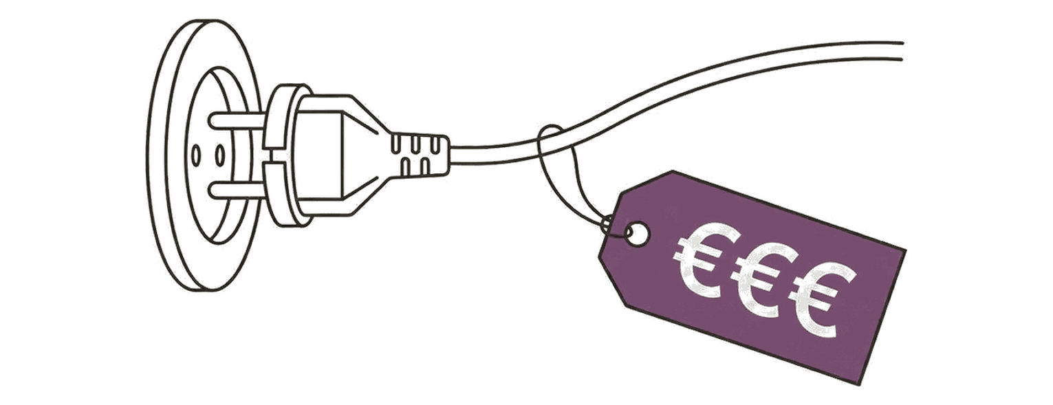 Line drawing: a plug pulled from a wall socket, its cable carrying a plum price tag