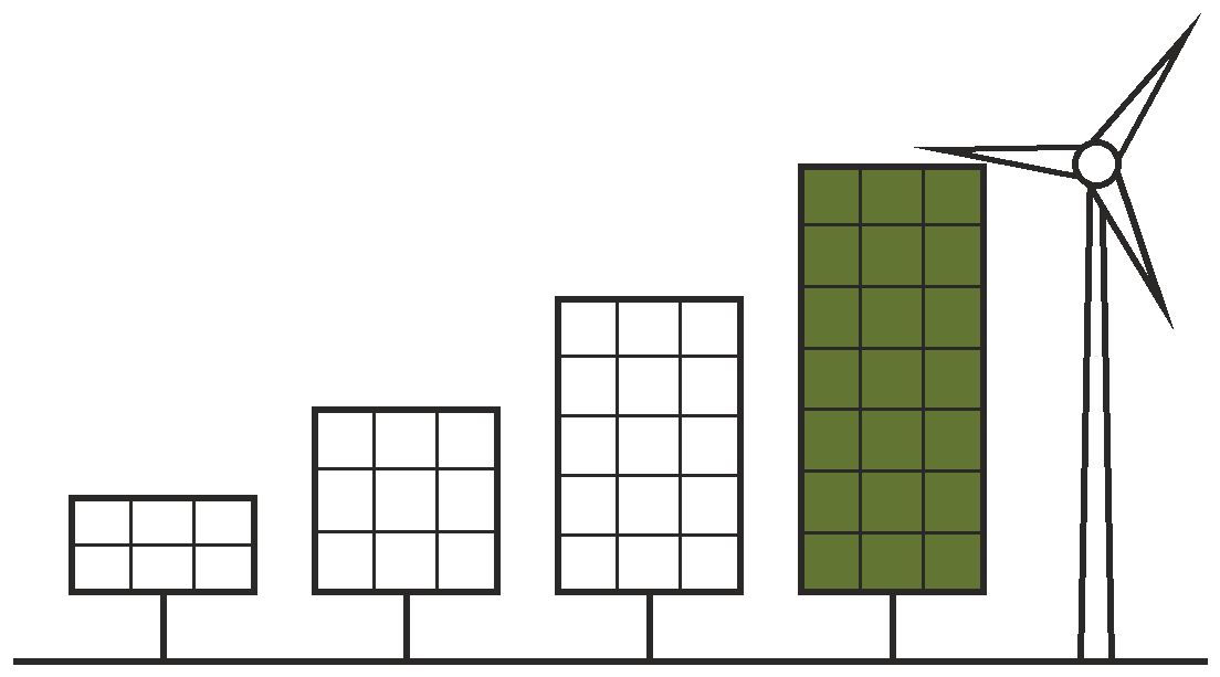 Line drawing: a row of solar panels and a wind turbine growing taller from left to right like a bar chart