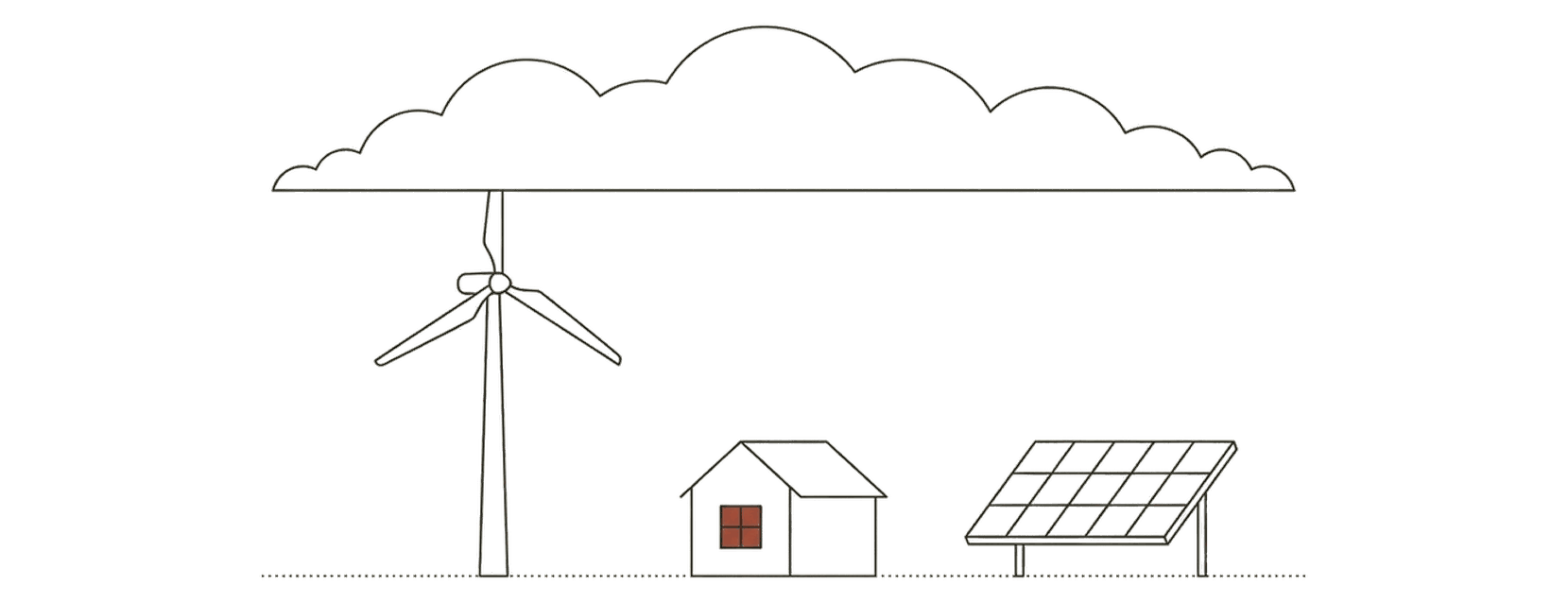 Line drawing: a flat bank of cloud over a still wind turbine, a house with one red-lit window and a solar panel