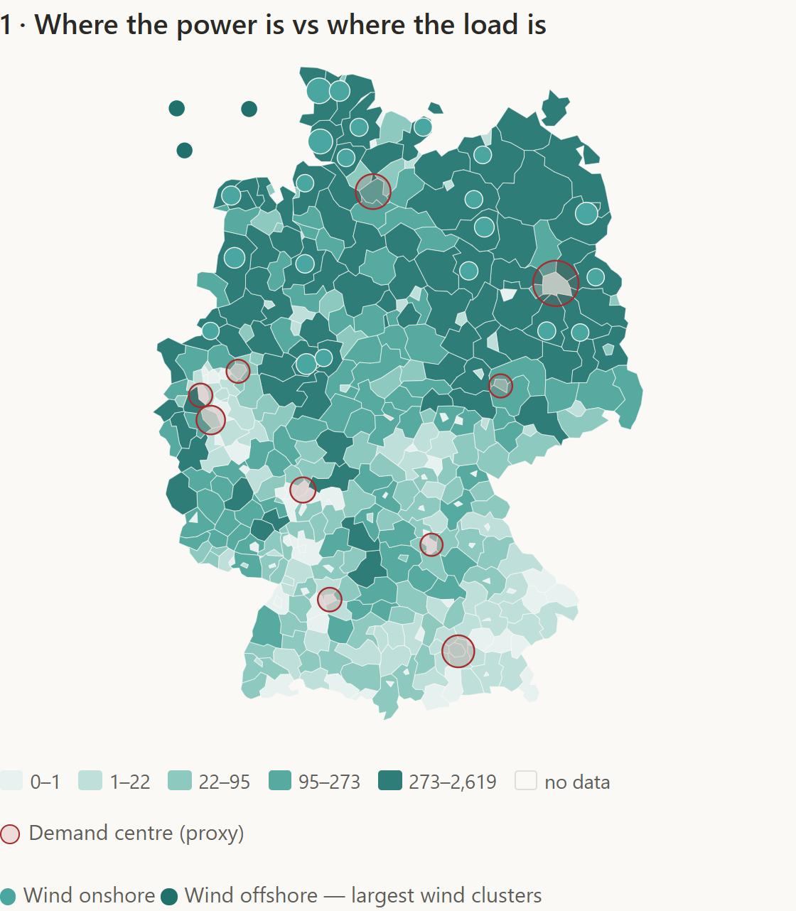 Map of Germany's Landkreise shaded by installed wind capacity, from the Germany North–South view