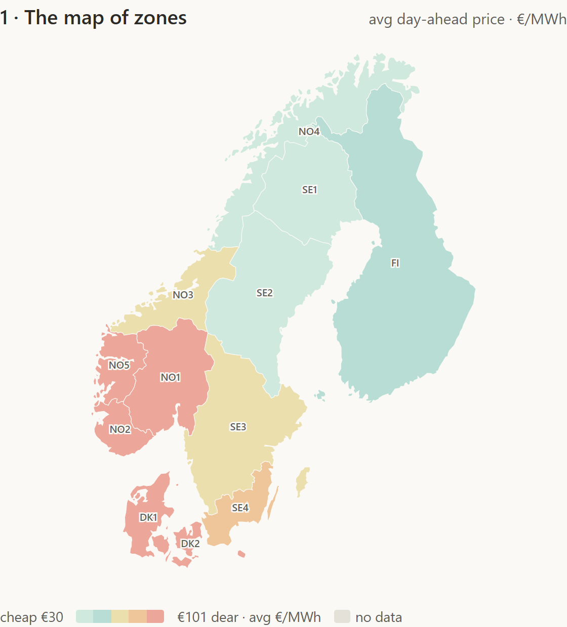 Schematic map of the twelve Nordic bidding zones shaded by average day-ahead price